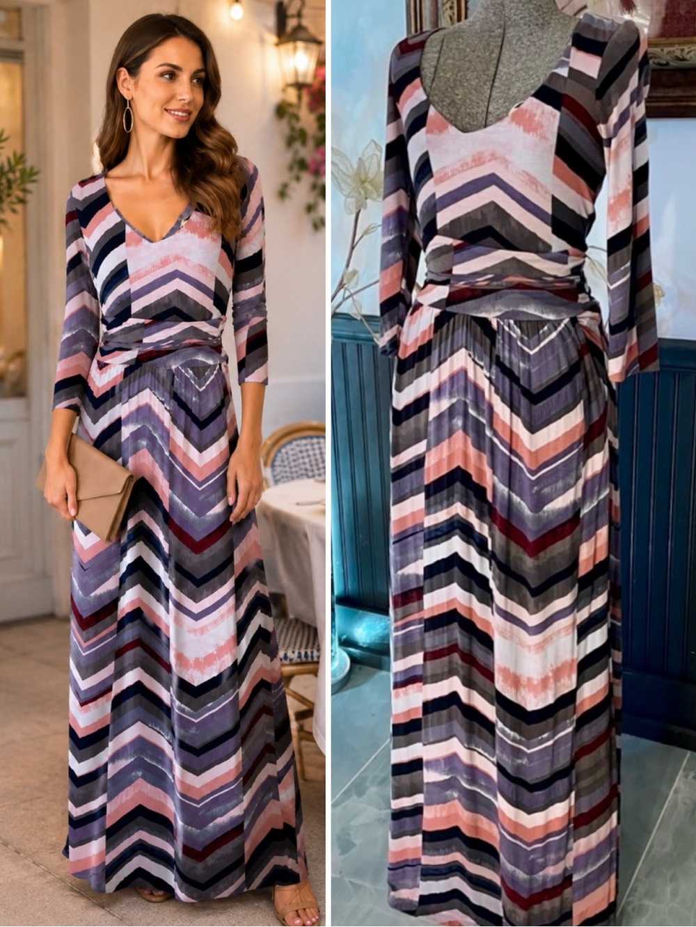 Maeve by Anthropologie Novella Chevron Jersey Knit Maxi Dress Size S 💚🎀